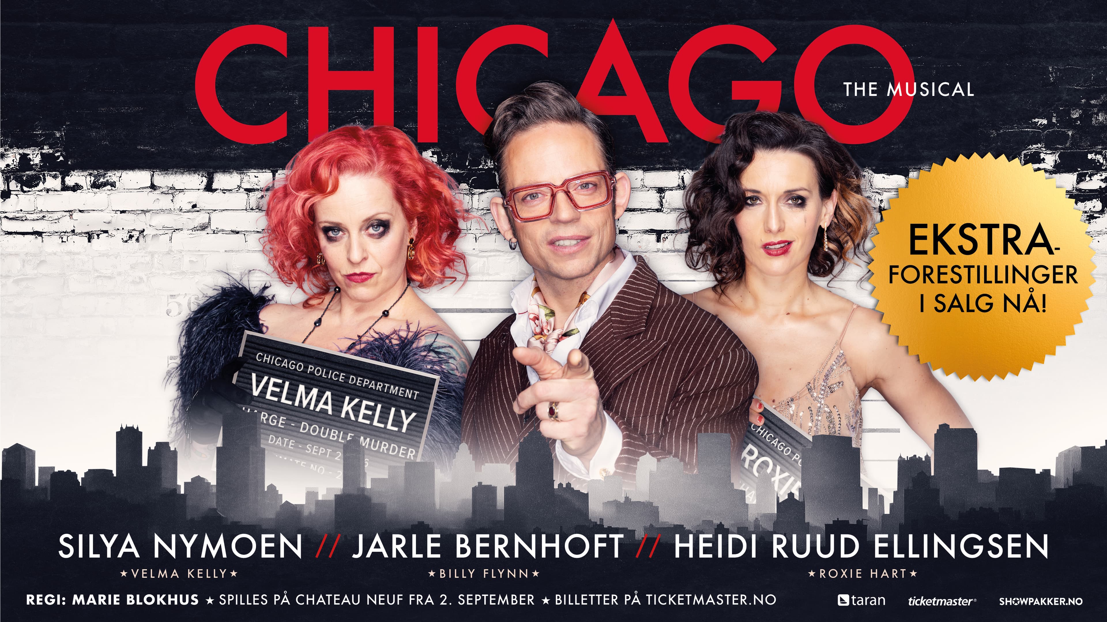 Chicago The Musical. Silya Nymoen som Velma Kelly, Jarle Bernhoft som Billy Flynn og Heidi Ruud Ellingsen som Roxie Hart.